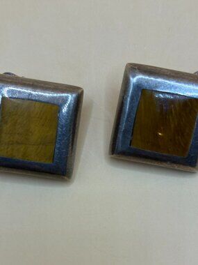 Vintage Sterling Silver 925 Square Geometric Clip On Earrings Light Wood Inlay